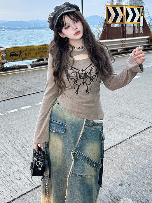 Plus Size Blue High-Slit Frayed Hem Wasteland Punk Denim Skirt Cargo Pockets Design