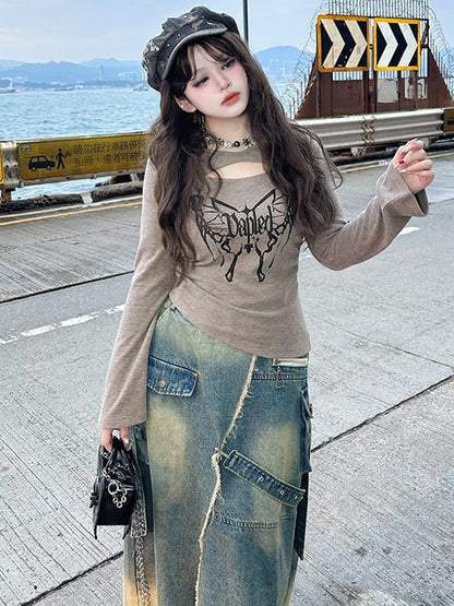 Plus Size Blue High-Slit Frayed Hem Wasteland Punk Denim Skirt Cargo Pockets Design