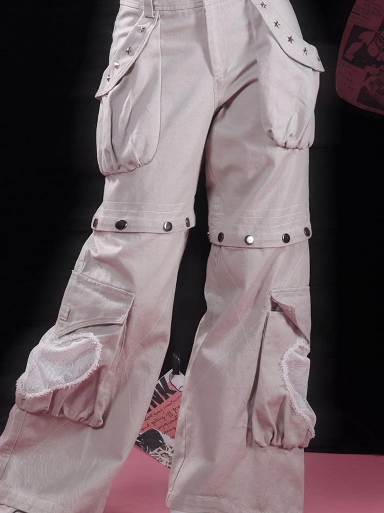 Star-shaped Studs Gray Cargo Pockets Detachable Jeans