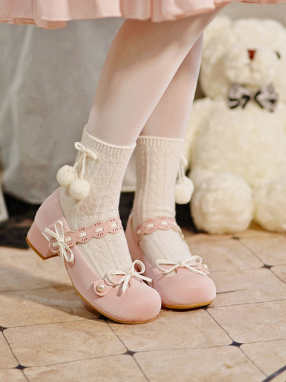 Pink Beaded Decorated Knotted Bow at Top Round Toe Lolita Shoes