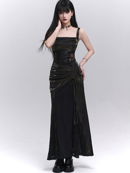 Black Lace Patches Waist Drawstring Hip Sleeveless Dress