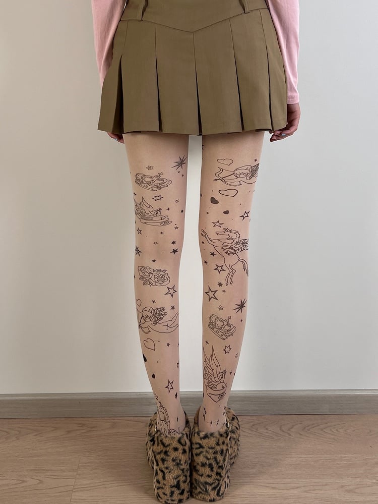 Nude Cupid Print Tights