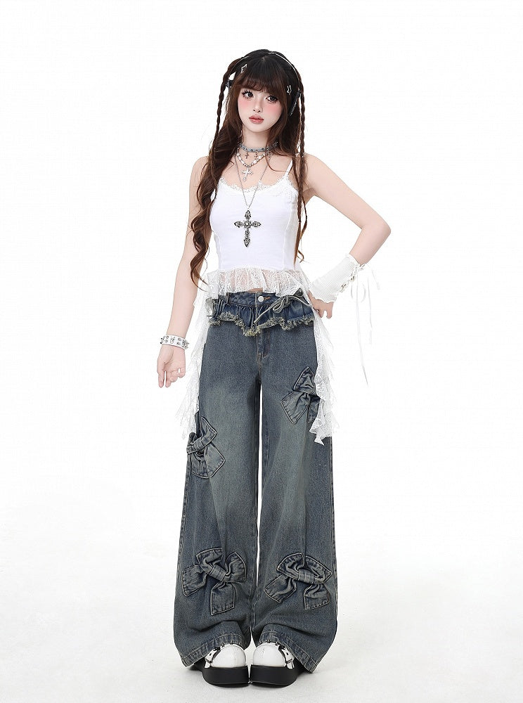 Blue Big Bows Raw Hem Wide-Leg Jeans