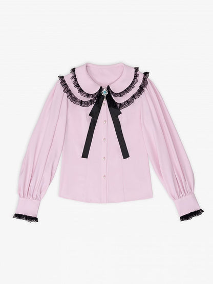 Pink Sweetheart Jirai Kei Blouse with Black Lace Trim and Free Bowtie