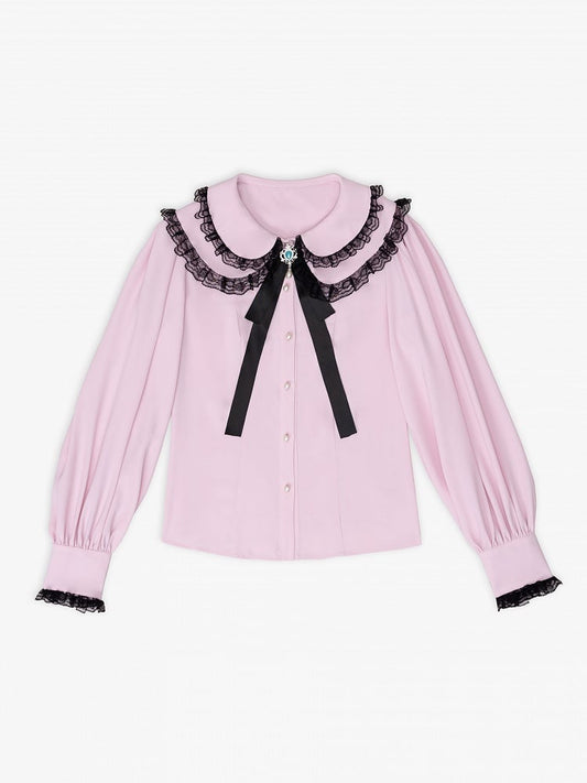 Pink Sweetheart Jirai Kei Blouse with Black Lace Trim and Free Bowtie