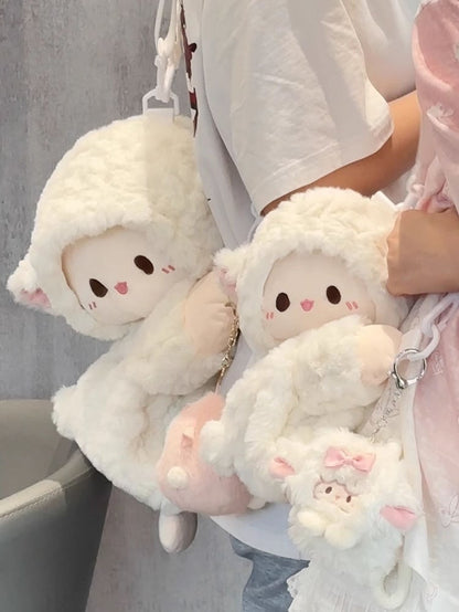 Cute Little Lamb White Plush Backpack/Crossbody Bag + Keychain