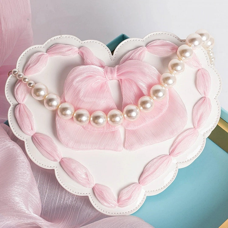 Lolita Heart-Shaped Pearl Handle Bag with Bow Detail & Adjustable Strap Two Colors Available