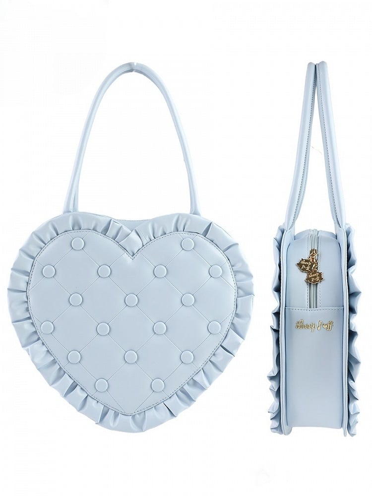 Lolita Heart-Shaped Blue Handbag with Diamond Quilting and Frilly Ruffle Edges