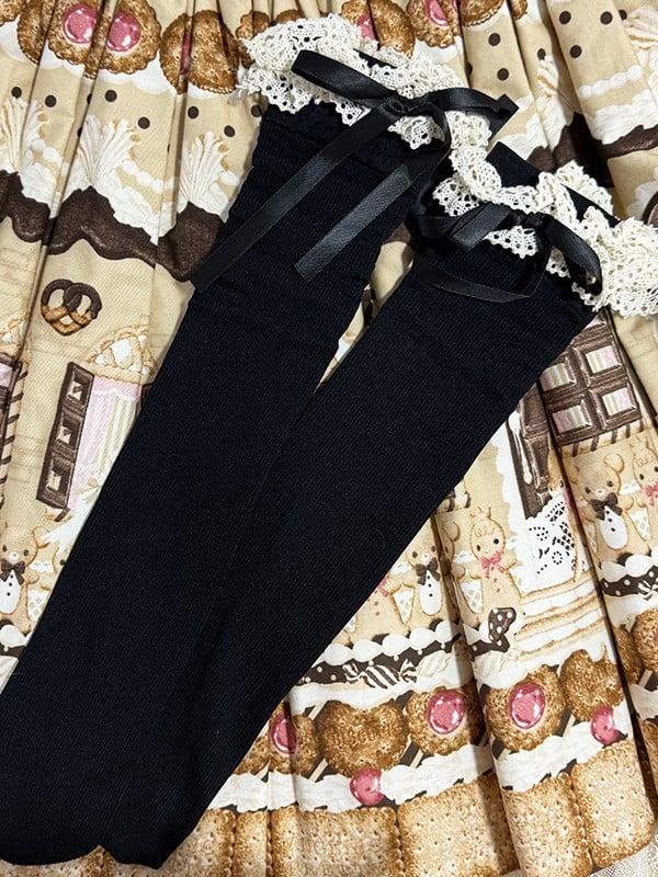 Brown/Black/White Lolita Bowknot Details Ruffled Cuff Lace Calf Socks