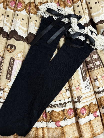 Brown/Black/White Lolita Bowknot Details Ruffled Cuff Lace Calf Socks