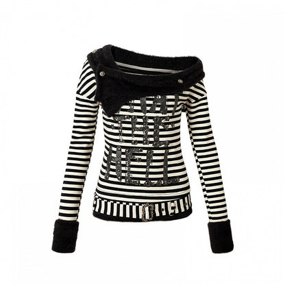 Red&White/Black&White Stripes Letter Print Top with Detachable Plush Collar