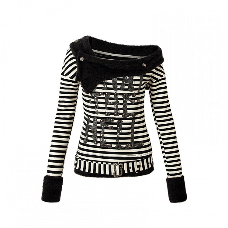 Red&White/Black&White Stripes Letter Print Top with Detachable Plush Collar