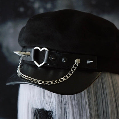 Black Gothic Heart Ring Chain Charm Studs Details Beret Hat
