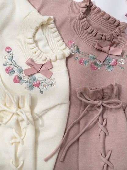 Strawberry Embroidery Neckline Lace-up Cuffs Dusty Pink Autumn Knit Top