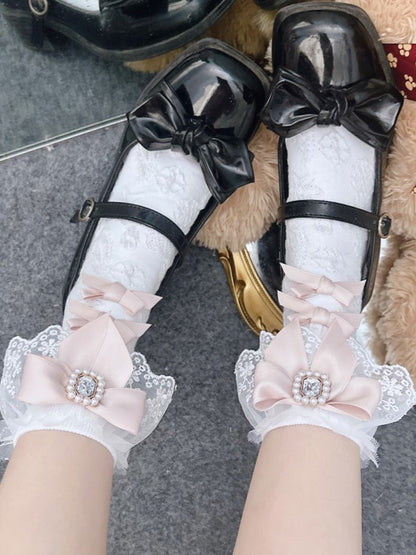 White/Black Jirai Kei Bowknot Details Rhinestone Lace Cuffs Calf Socks