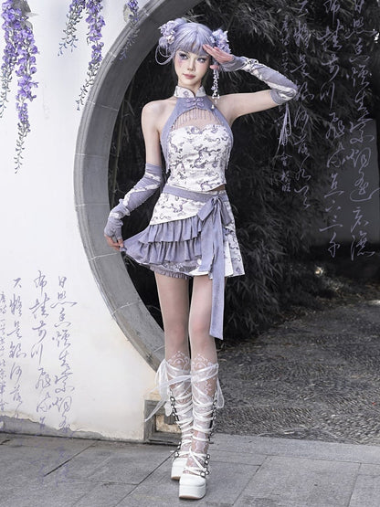 Clearance - Size S for Bust 78-84CM Purple Cheongsam Banded Collar Halter Neck Top Chinoiserie Dragon Print