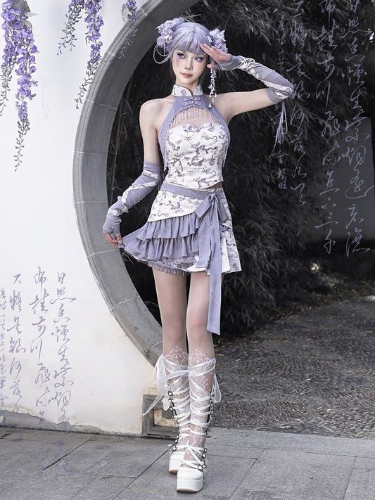 Purple Cheongsam Banded Collar Halter Neck Top Chinoiserie Dragon Print