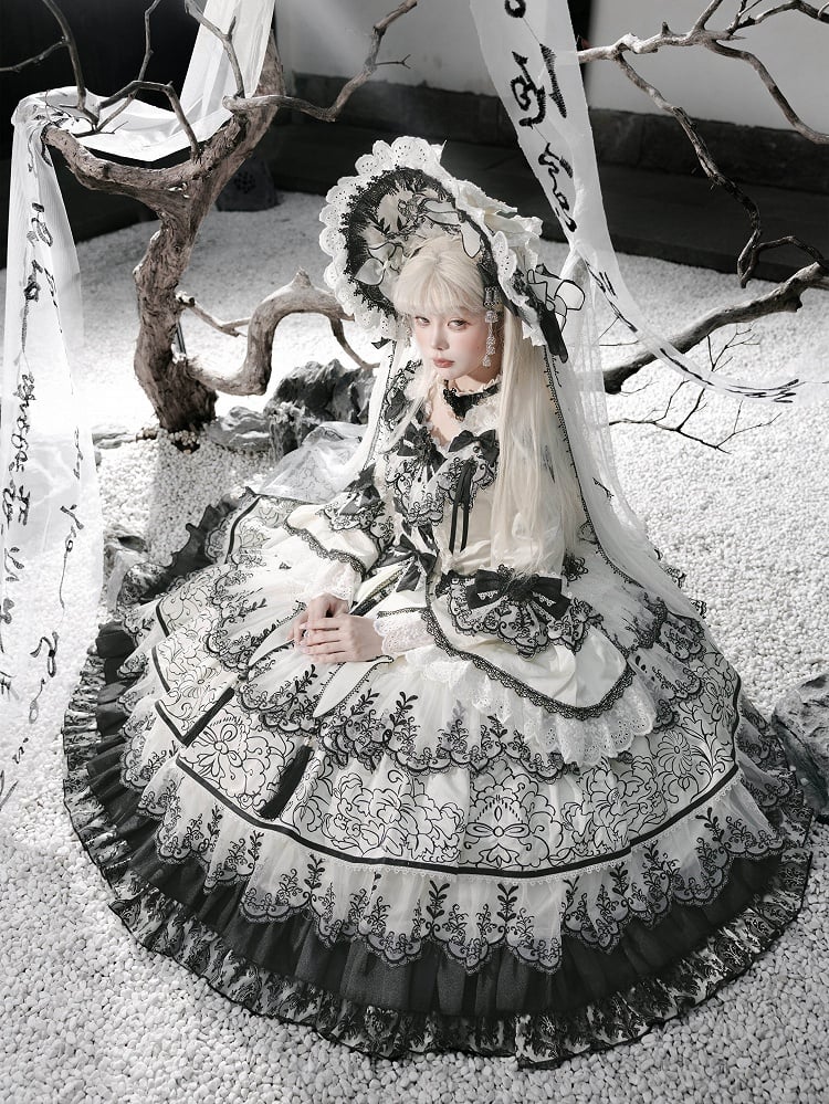 Shimmer Butterfly Fabric White and Black Chinoiserie Style Ink and Wash Lolita Dress Long Version