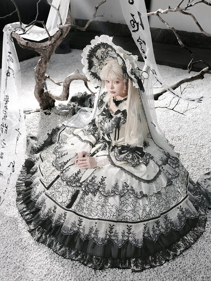 Shimmer Butterfly Fabric White and Black Chinoiserie Style Ink and Wash Lolita Dress Long Version