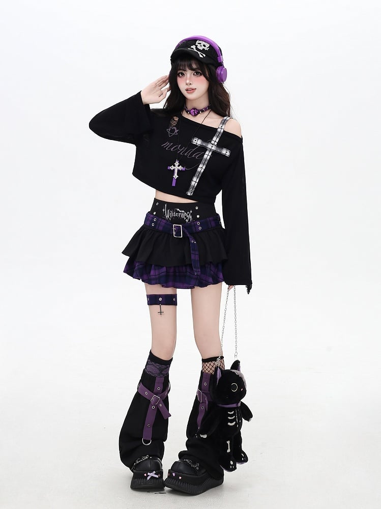 Asymmetrical Neckline Criss-cross Gray/Red Plaid Shoulder Strap Distressed Holes Coverup