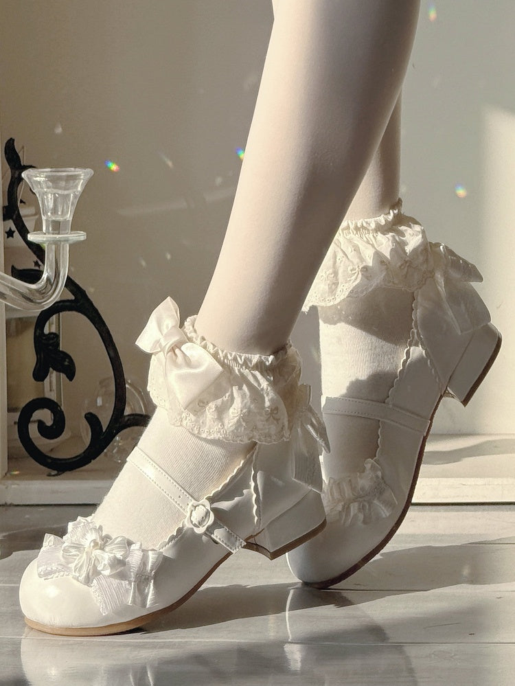 Flower-Shaped Buckle & Bow Accents PU Creamy White Cherry Blossom Themed Low-heel Mary Janes in Sweet Lolita