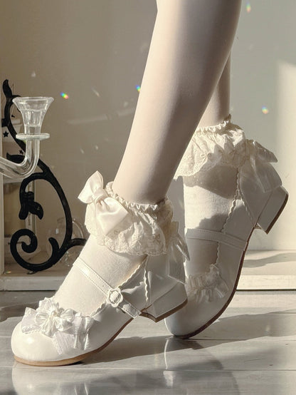 Flower-Shaped Buckle & Bow Accents PU Creamy White Cherry Blossom Themed Low-heel Mary Janes in Sweet Lolita