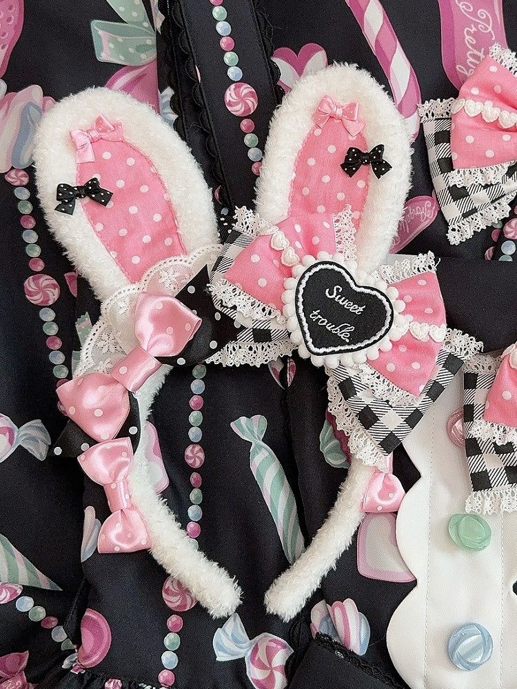 3 Color Options Polka-dot And Plaid Pattern Bowknot Details Plush Bunny Ear KC