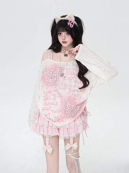 Sweet Pink Plaid Butterfly Appliques Asymmetrical Neckline Black/Apricot Top