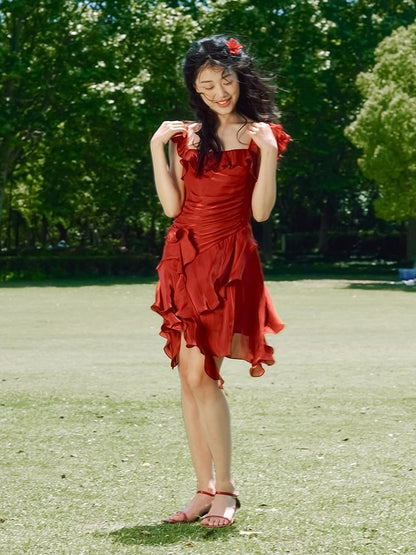 Red Vintage Flutter Sleeves Summer Dress