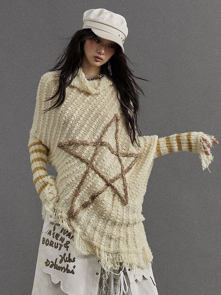 Light Yellow Vintage Punk Batwing Sleeves Loose Five-pointed Star Sweater