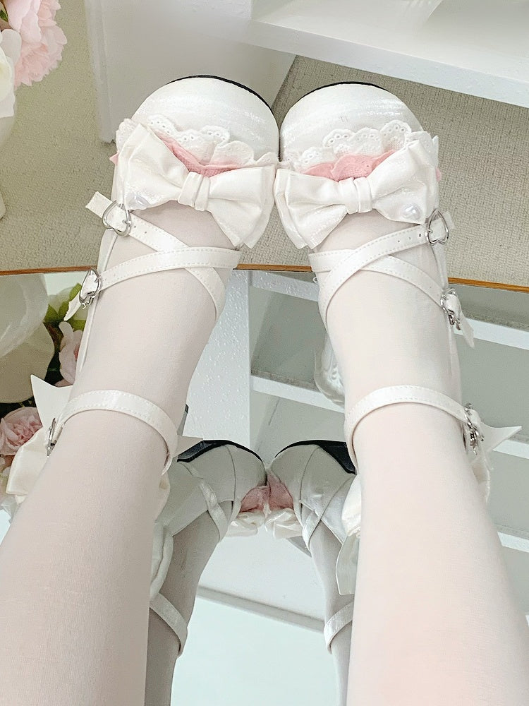 White Crisscross Design Bow at Top Heart Buckles Sweet Lolita Shoes With Dual Detachable Buckle Ankle Straps