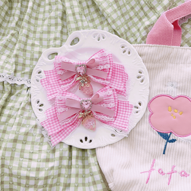 Sweet Lolita Strawberry Charm Heart Rhinestone Pink/Blue/Wine Red/Black Bow Hairclips