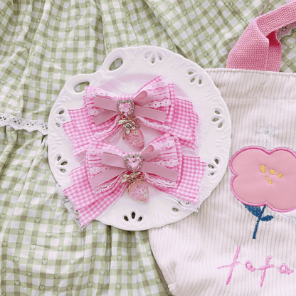 Sweet Lolita Strawberry Charm Heart Rhinestone Pink/Blue/Wine Red/Black Bow Hairclips