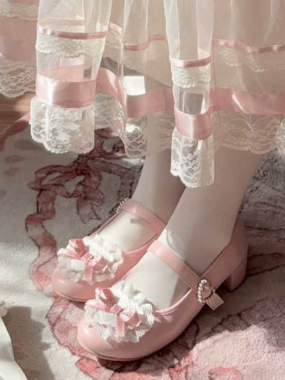 Pink Bow at Top Lace Trim Beaded Heart Buckles Lolita Shoes