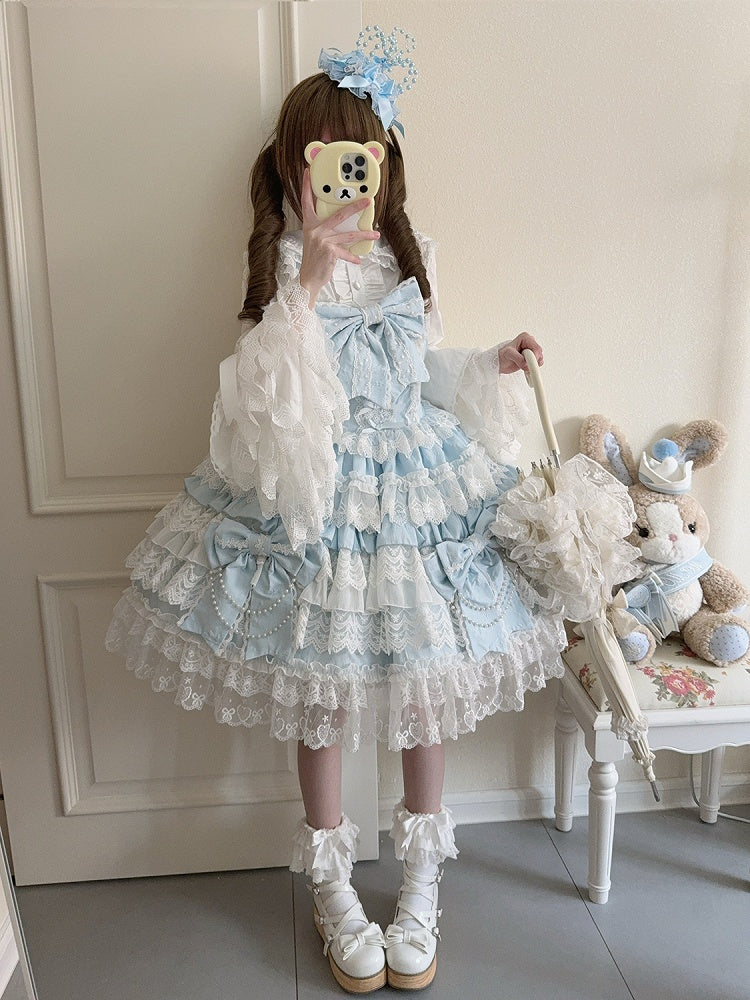 Blue Big Bows Decoration Tiered Skirt Hanayome Lolita Dress