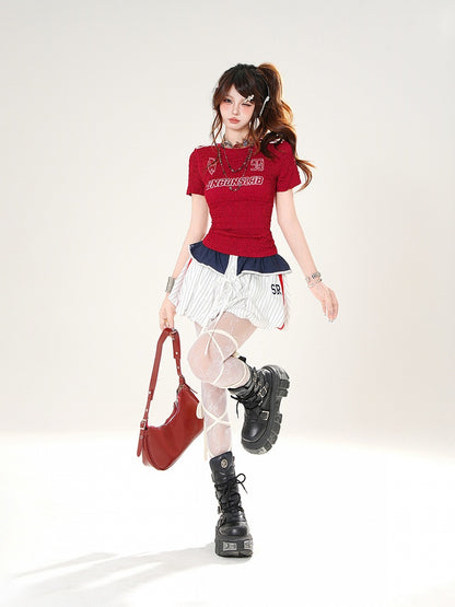 Self-tie Foldover Design White Striped Bubble Skirt