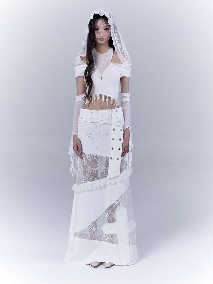 White Cutout Shoulder Beaded Tassel Hem Punk Cropped Top with Lace Hood
