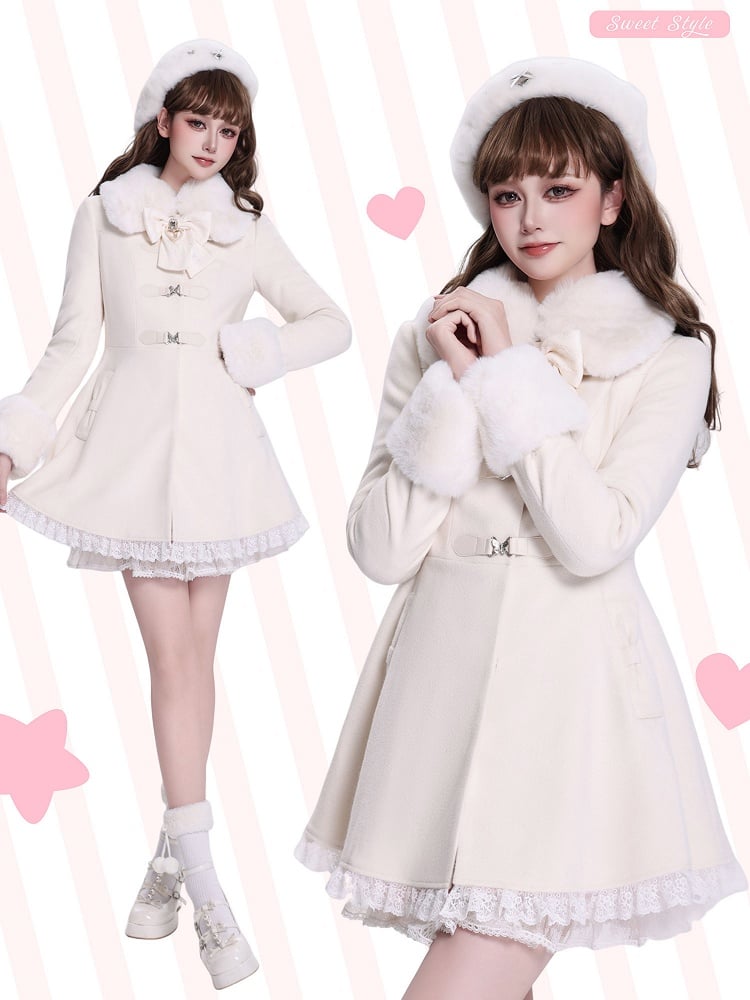 Creamy Jirai Kei Butterfly Buckles Closure Coat with Detachable Plush Collar and Cuffs