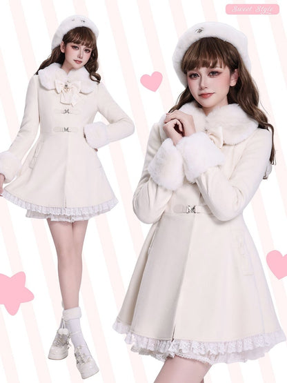 Creamy Jirai Kei Butterfly Buckles Closure Coat with Detachable Plush Collar and Cuffs