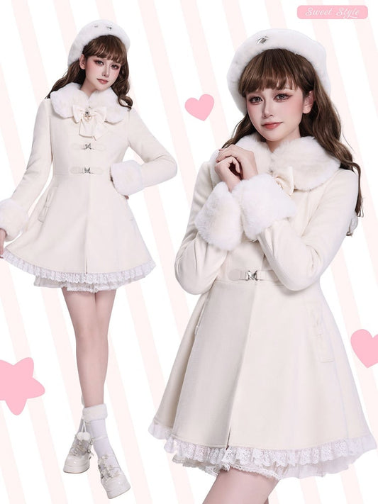 Creamy Jirai Kei Butterfly Buckles Closure Coat with Detachable Plush Collar and Cuffs