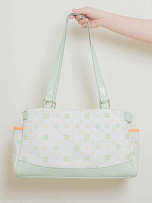 Green & White Clover-Themed Large Capacity Tote Ita Bag with Strap Accents And Detachable Ita Card Holder