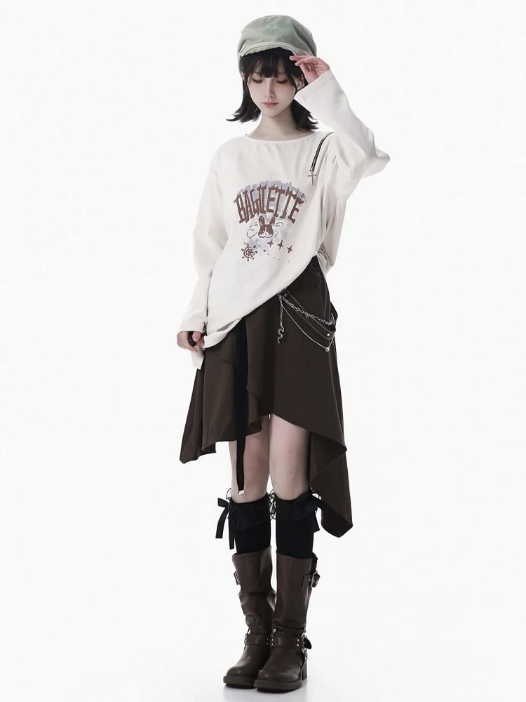 Asymmetrical Handkerchief Hem Brown Skirt with Waist Chain and Strap Accents