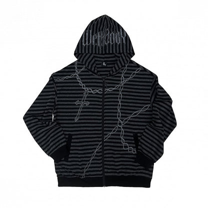 Black & Gray Stripes Zip-up Hooded Jacket for Autumn with Cross Chain Print