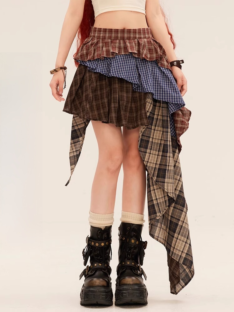 Red Plaid Asymmetrical Hem Vintage Tiered Skirt