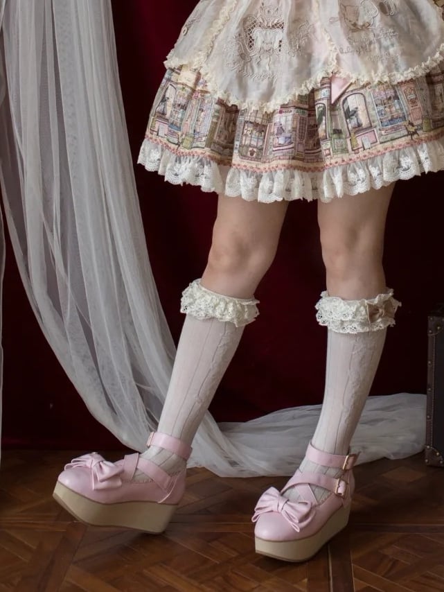 Sweet Lolita Pink Platforms with PU Leather, Wood Pattern Sole & Crisscross Details