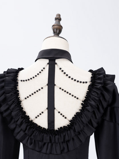 All Black Lace-up Ruffled V-neck Long Sleeves Backless Shirt