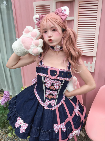 Y2K Pink Plaid Bowknots Birdcage Design Blue Denim Sweet Lolita Dress Jumper Skirt