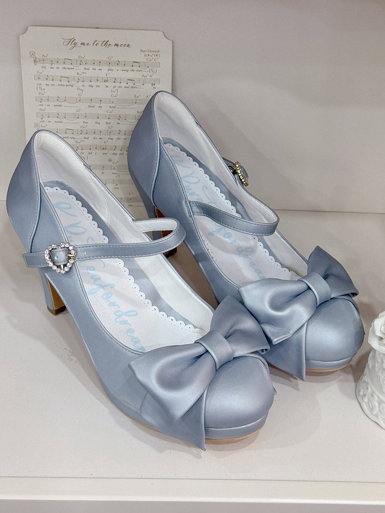 PU Blue Elegant Lolita Heels - Crystal Heart Buckle with Bow Accents