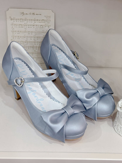 PU Blue Elegant Lolita Heels - Crystal Heart Buckle with Bow Accents