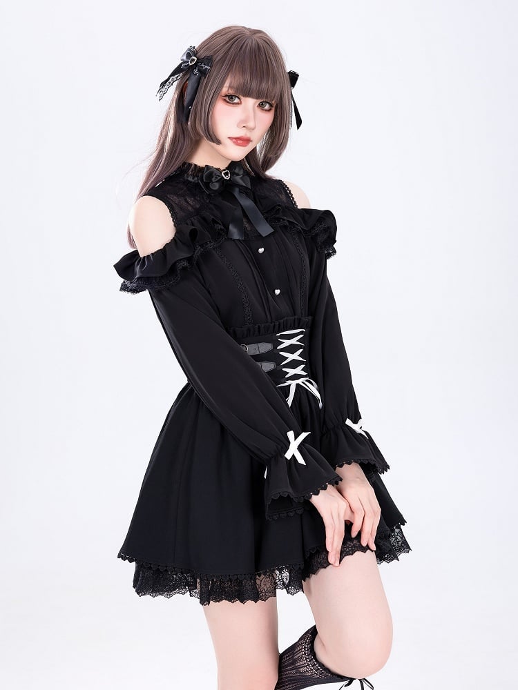 Jirai Kei High Waist Black Skirt Shirring Back Lace-up Front